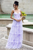 Lavender A Line Corset Spaghetti Straps Floral Tiered Wedding Party Dress