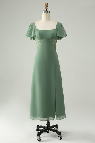 A Line Eucalyptus Square Neck Embroidered Chiffon Bridesmaid Dress with Slit