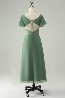 A Line Eucalyptus Square Neck Embroidered Chiffon Bridesmaid Dress with Slit