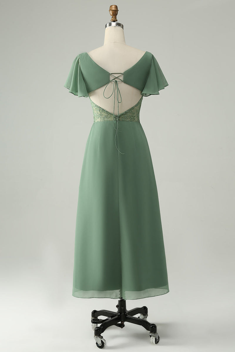 Load image into Gallery viewer, A Line Eucalyptus Square Neck Embroidered Chiffon Bridesmaid Dress with Slit