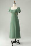 A Line Eucalyptus Square Neck Embroidered Chiffon Bridesmaid Dress with Slit