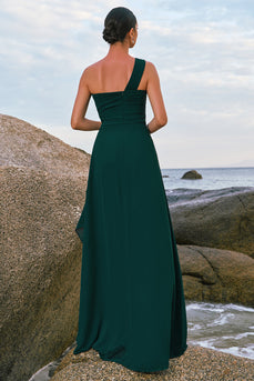 Dark Green A-Line One Shoulder Ruched Long Bridesmaid Dress