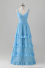 Load image into Gallery viewer, Blue A Line V Neck Tiered Chiffon Long Bridesmaid Dress