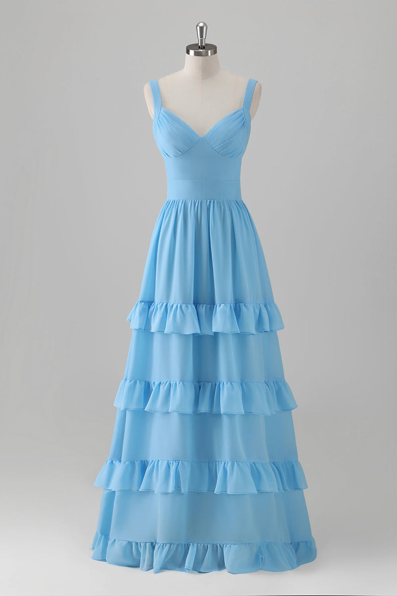 Load image into Gallery viewer, Blue A Line V Neck Tiered Chiffon Long Bridesmaid Dress