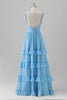 Load image into Gallery viewer, Blue A Line V Neck Tiered Chiffon Long Bridesmaid Dress