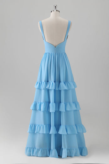 Blue A Line V Neck Tiered Chiffon Long Bridesmaid Dress