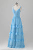 Load image into Gallery viewer, Blue A Line V Neck Tiered Chiffon Long Bridesmaid Dress