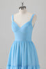 Load image into Gallery viewer, Blue A Line V Neck Tiered Chiffon Long Bridesmaid Dress