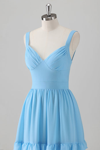 Blue A Line V Neck Tiered Chiffon Long Bridesmaid Dress