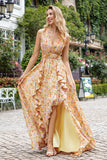 Yellow Small Flower A Line V Neck Pleated Wedding Party Guest Dress with Ruffles