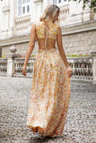 Yellow Small Flower A Line V Neck Pleated Ruffles Wedding Guest Dress