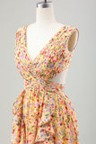 Yellow Small Flower A Line V Neck Pleated Ruffles Wedding Guest Dress