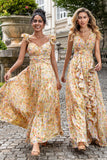 Yellow Small Flower A Line V Neck Pleated Wedding Party Guest Dress with Ruffles