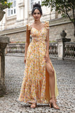 Yellow Flower A Line V Neck Print Pleated Wedding Party Guest Dress with Slit