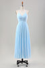 Load image into Gallery viewer, Sky Blue A Line Pleated Chiffon Wedding Guest Dress with Lace-up Back