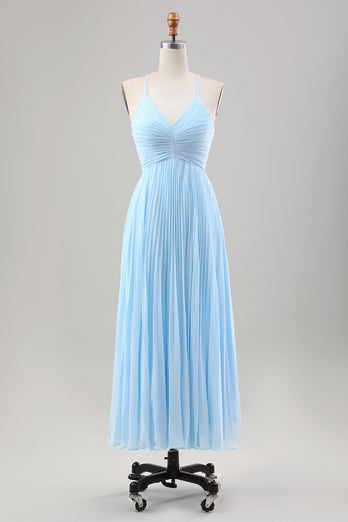 Sky Blue A Line Pleated Chiffon Wedding Guest Dress with Lace-up Back