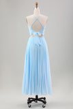 Sky Blue A Line Pleated Chiffon Wedding Guest Dress with Lace-up Back