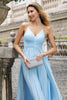 Load image into Gallery viewer, Sky Blue A Line Pleated Chiffon Wedding Guest Dress with Lace-up Back