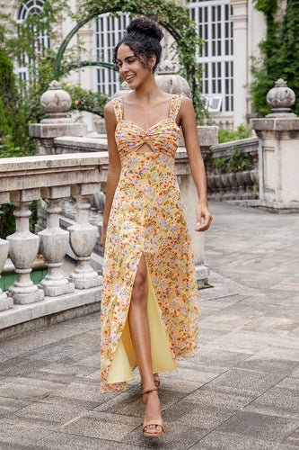 Yellow Flower A Line Print Hollow Out Corset Wedding Guest Dress with Slit