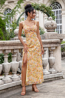 Yellow Flower A Line Print Hollow Out Corset Wedding Guest Dress with Slit