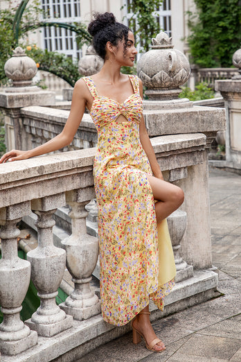 Yellow Flower A Line Print Hollow Out Corset Wedding Guest Dress with Slit