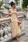Yellow Flower A Line Print Holloe Out Corset Wedding Guest Dress with Slit