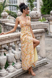 Yellow Flower A Line Print Hollow Out Corset Wedding Guest Dress with Slit