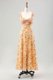 Yellow Flower A Line Print Hollow Out Corset Wedding Guest Dress with Slit