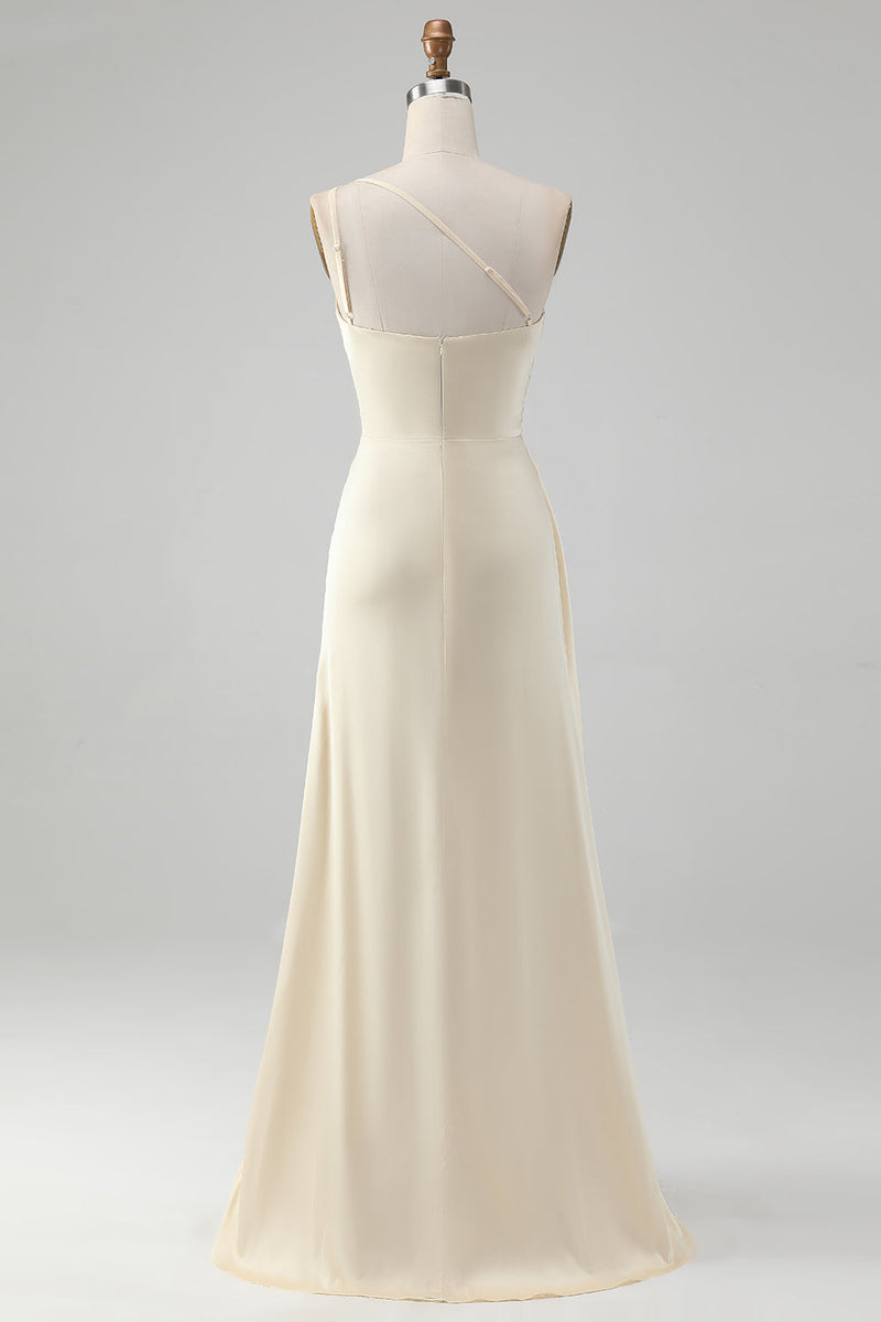 Load image into Gallery viewer, Champagne Sheath One Shoulder Long Bridesmaid Dress With Slit