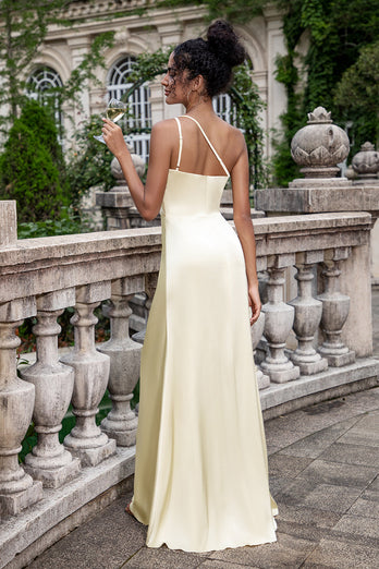 Champagne One Shoulder Sheath Long Bridesmaid Dress With Slit