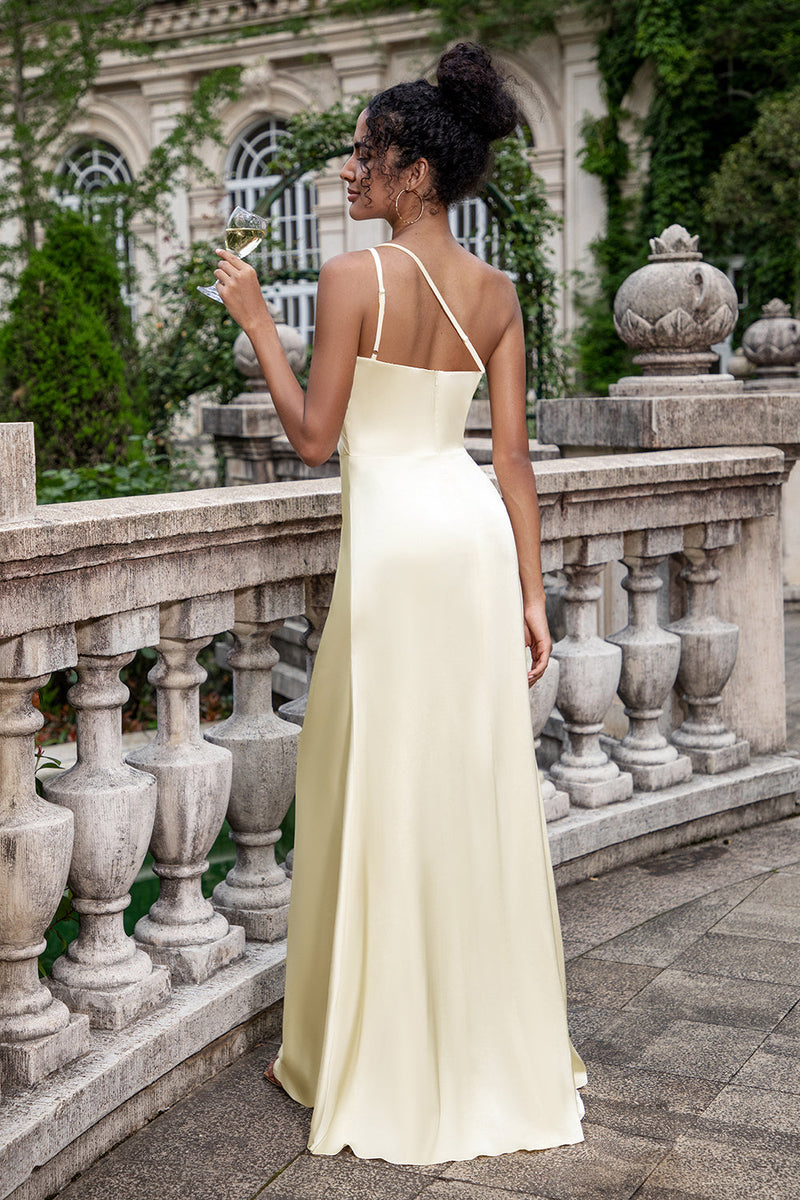 Load image into Gallery viewer, Champagne Sheath One Shoulder Long Bridesmaid Dress With Slit