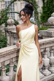 Champagne Sheath One Shoulder Long Bridesmaid Dress With Slit