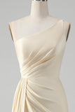 Champagne One Shoulder Sheath Long Bridesmaid Dress With Slit