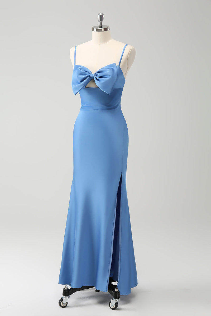 Load image into Gallery viewer, Blue Mermaid Spaghetti Straps Bridesmaid Dress with Bowknot