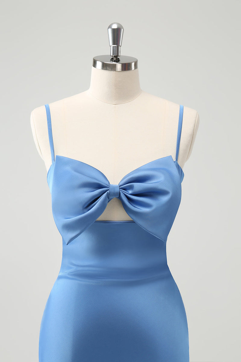 Load image into Gallery viewer, Blue Mermaid Spaghetti Straps Bridesmaid Dress with Bowknot