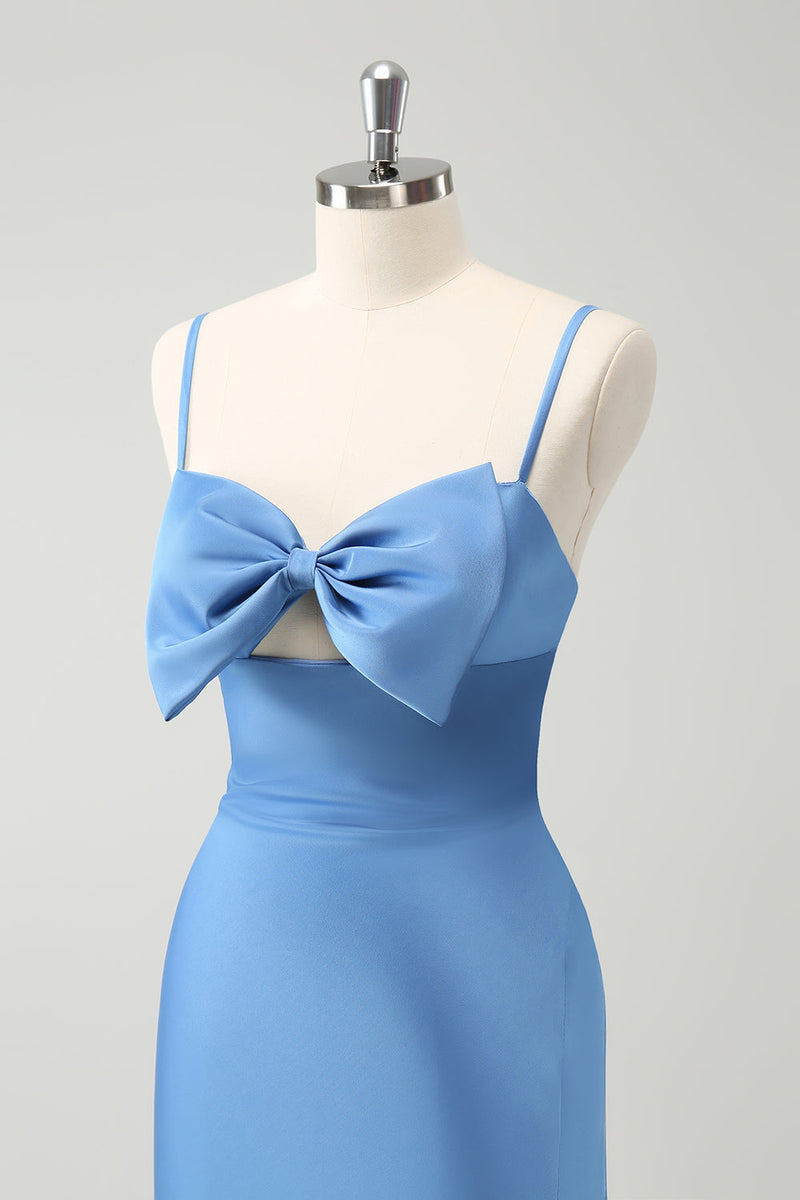 Load image into Gallery viewer, Blue Mermaid Spaghetti Straps Bridesmaid Dress with Bowknot