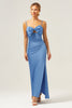 Load image into Gallery viewer, Blue Mermaid Spaghetti Straps Long Bridesmaid Dress with Bowknot