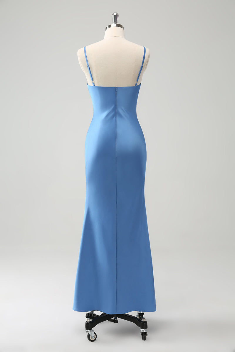 Load image into Gallery viewer, Blue Mermaid Spaghetti Straps Bridesmaid Dress with Bowknot