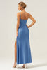 Load image into Gallery viewer, Blue Mermaid Spaghetti Straps Long Bridesmaid Dress with Bowknot