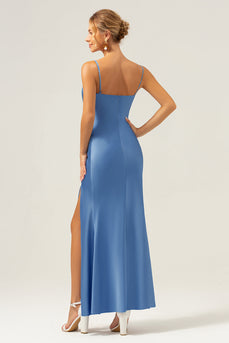 Blue Mermaid Spaghetti Straps Long Bridesmaid Dress with Bowknot