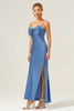 Load image into Gallery viewer, Blue Mermaid Spaghetti Straps Long Bridesmaid Dress with Bowknot