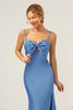 Load image into Gallery viewer, Blue Mermaid Spaghetti Straps Long Bridesmaid Dress with Bowknot