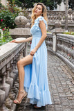 Sky Blue A Line Chiffon Pleated Ruffle Sleeves Wedding Guest Dress with Slit
