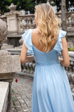 Sky Blue A Line Chiffon Pleated Ruffle Sleeves Wedding Guest Dress with Slit