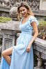 Load image into Gallery viewer, Sky Blue A Line Chiffon Pleated Ruffle Sleeves Wedding Guest Dress with Slit