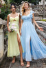 Load image into Gallery viewer, Sky Blue A Line Chiffon Pleated Ruffle Sleeves Wedding Guest Dress with Slit