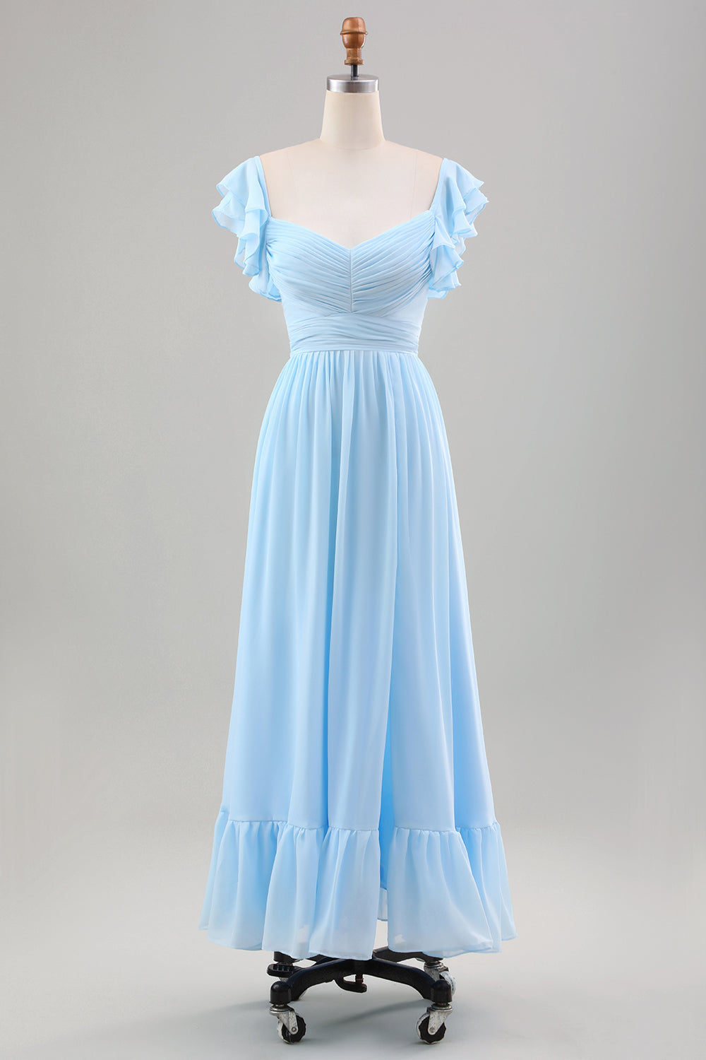 Zapaka Women Sky Blue Wedding Guest Dress Ruffle Sleeves Chiffon