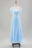 Load image into Gallery viewer, Sky Blue A Line Chiffon Pleated Ruffle Sleeves Wedding Guest Dress with Slit