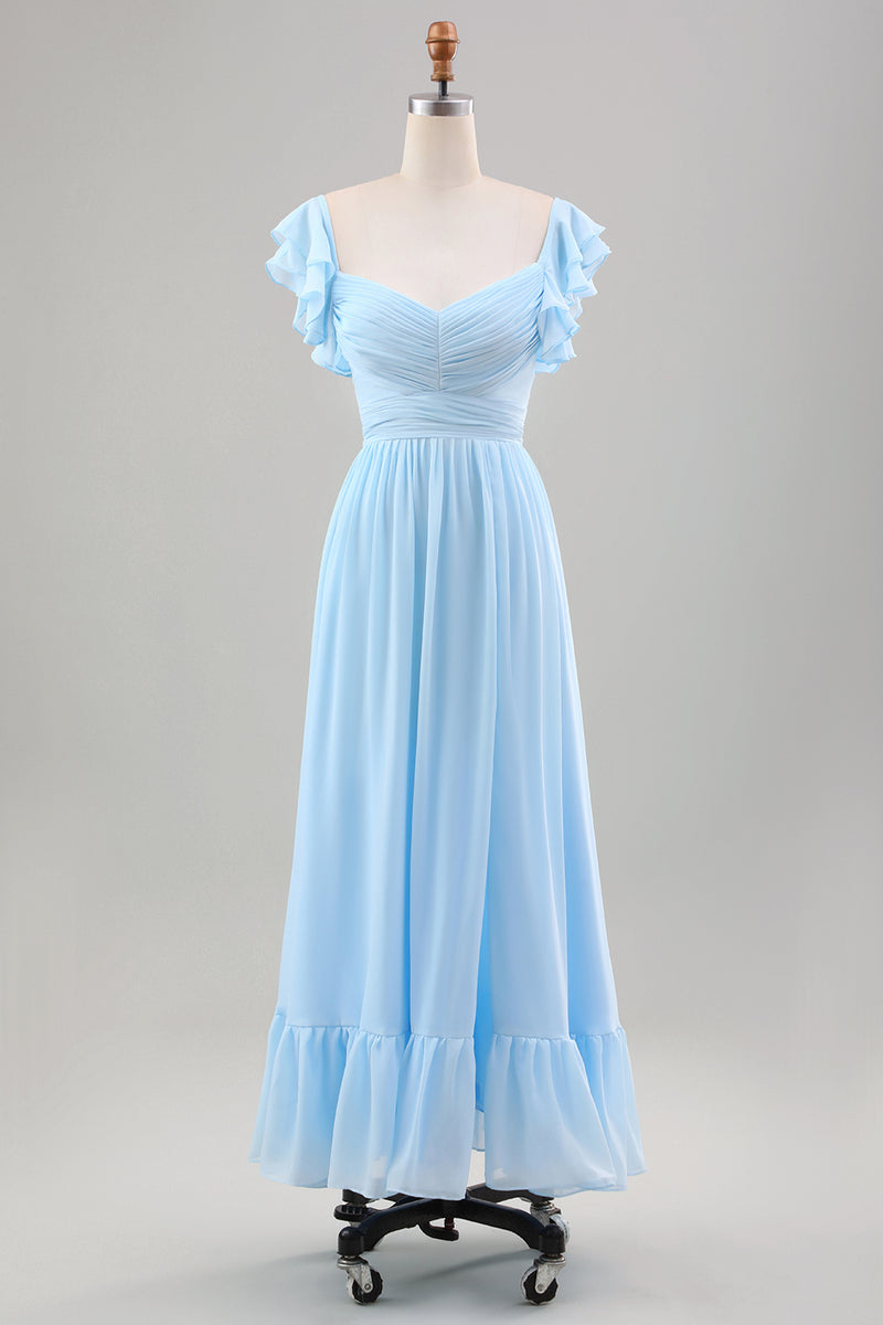 Load image into Gallery viewer, Sky Blue A Line Chiffon Wedding Guest Dress with Ruffle Sleeves