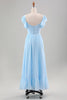 Load image into Gallery viewer, Sky Blue A Line Chiffon Pleated Ruffle Sleeves Wedding Guest Dress with Slit